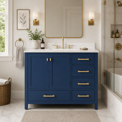 Meuble-lavabo autoportant de 107 cm avec lavabo, structure en bois massif, bleu