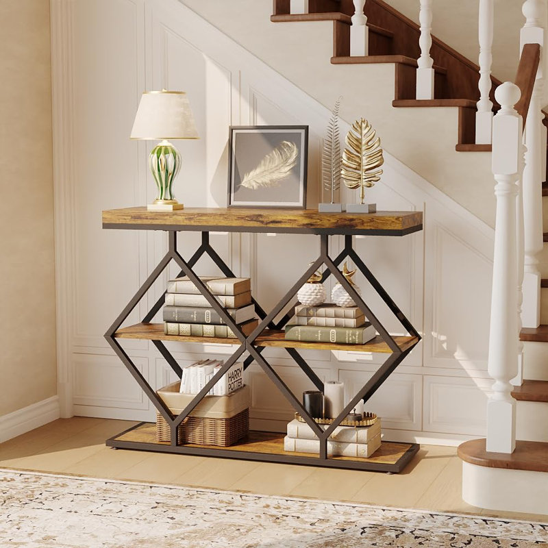 3-Tier Entryway Table, Industrial Console Sofa Table with Storage, Accent Table with Open Shelves, x-Shaped Metal Frame, Foyer Table for Entryway, Hallway