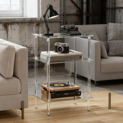 Ensemble de 2 tables d'appoint modernes à 3 niveaux avec tablettes en verre trempé, table de bout en acrylique pour petits espaces, chambre à coucher, salon, bureau et bureau