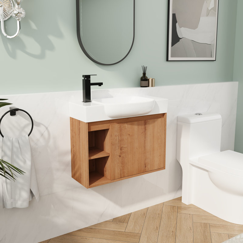 Meuble-lavabo flottant 26 po - Céramique blanche avec porte à fermeture douce, Chêne