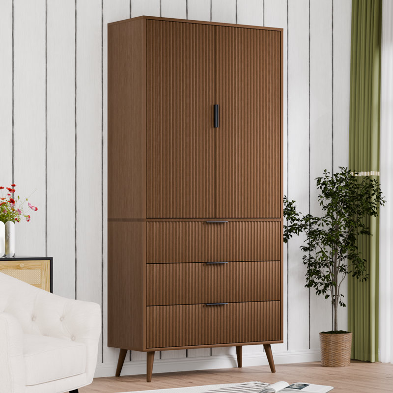 George Oliver 71" Tall Storage Cabinet, Accent Cabinet With Adjustable Shelves & Fluted Panel Design, Cupboard With 3 Drawers 2 Doors, Storage Cabinet Pantry Organizers For Living Room