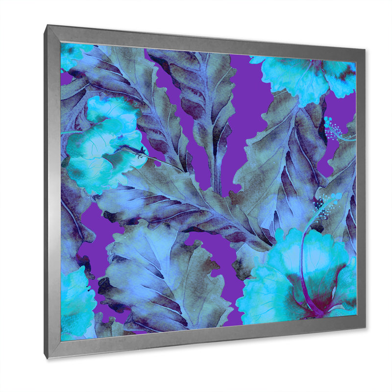 Turquoise, feuilles tropicales sur fond mauve - impression sur toile, H 36 po x l 36 po x P 1 po, Cadre photo argenté