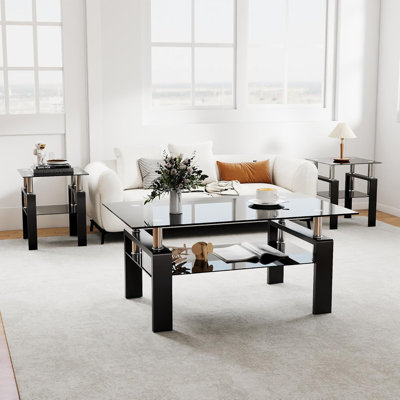 Ensemble de 3 tables basses pour salon, ensemble de 3 tables basses rectangulaires modernes en verre trempé (3)