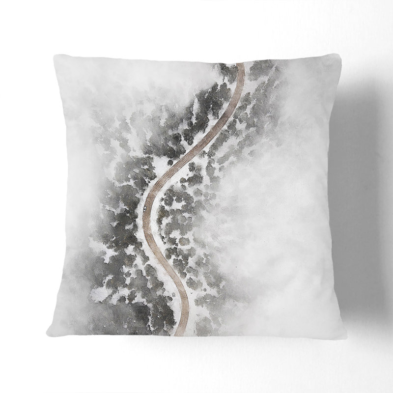 Road Through a Winter Forest Cushion with Filling, 40cm H x 40cm W x 15cm D, Black