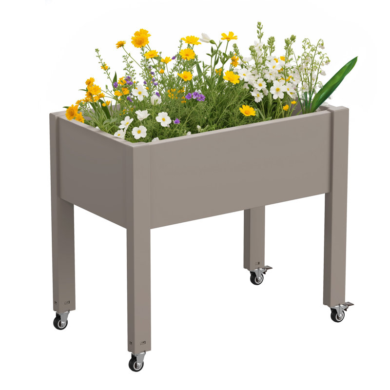 Jardinière surélevée avec roues: résine résistante aux intempéries et drainage intégré, Gris