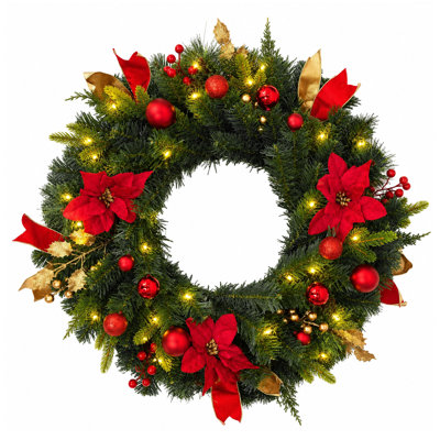 Couronne de Noël de 61 cm pour porte d'entrée - Décoration rustique avec boules et baies, pour porte ou fenêtre (intérieur/extérieur) - Nœud rouge et ornements bicolores or et rouge
