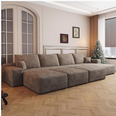 135"Large size modular cloud sofa 6 seats down sofa bed apartment living room sofa ,No Assembly Required,Camel(Plush Corduroy Fabric)