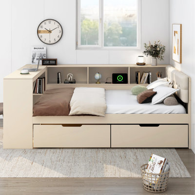 Platform Bed With Storage Shelves, Drawers, Charging Station And Upholstered Headboard by Hokku Designs