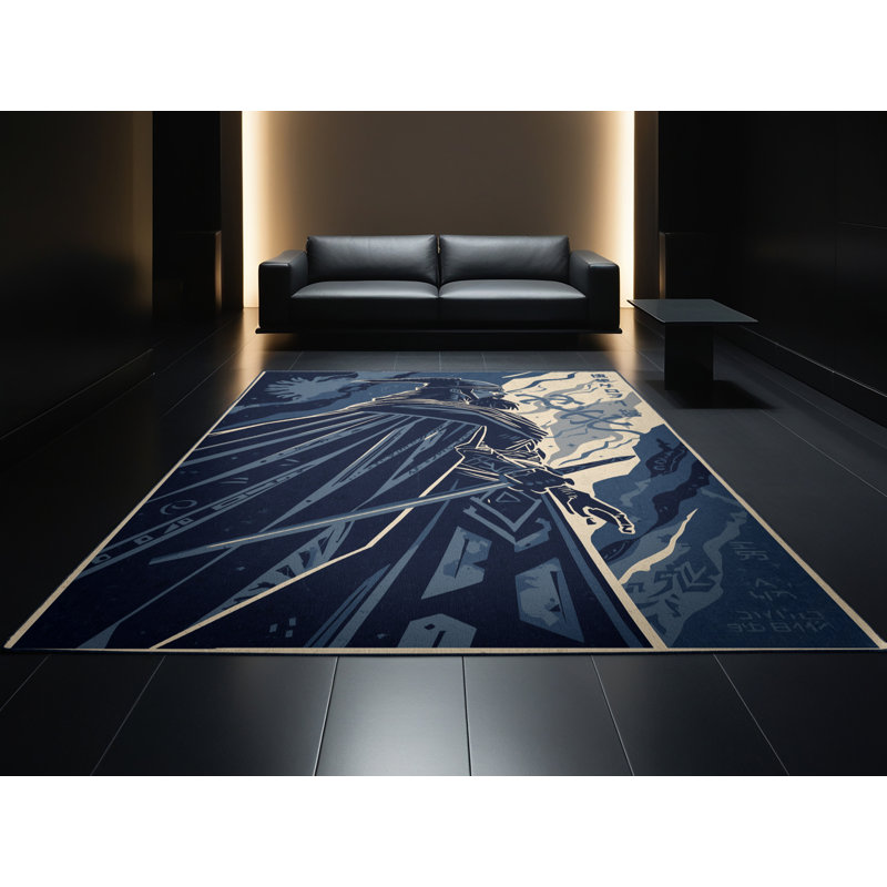 Machine Washable Rocco Seer Warrior Global Inspired Block Print Rug in Blue – Navy Binding, 2x3