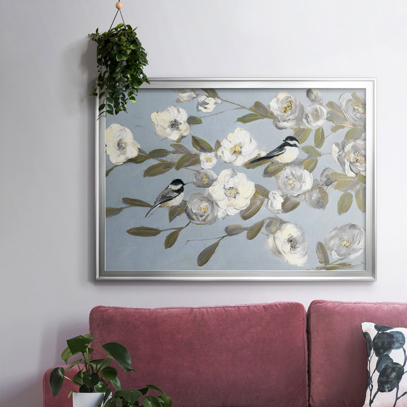 Chickadees And Blossoms I, reproduction d'art sur toile, Argent, H 30 po x l 44 po x P 1,5 po