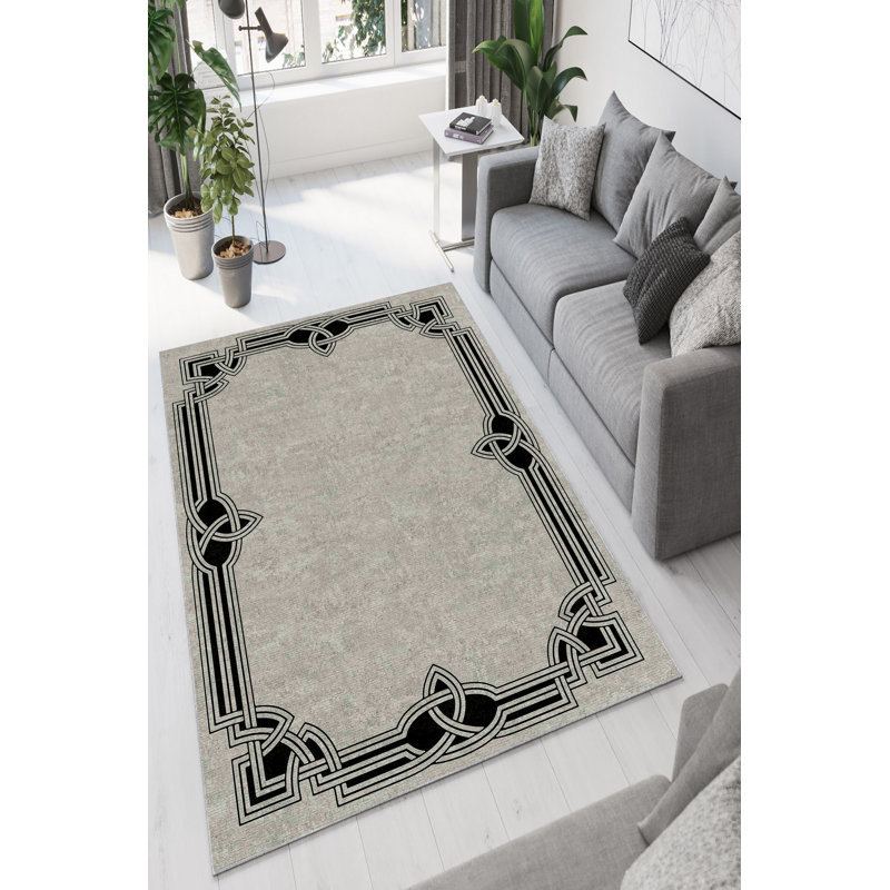 Machine Washable Area Rug, 5.2 x 7.5 Feet, Beige & Black | 100% Polyester, 650 g/m², 0.16 in Pile Height | Antibacterial, Eco-Friendly, Non-Slip PVC Dot Underside | Digital Printed Design for Modern Homes