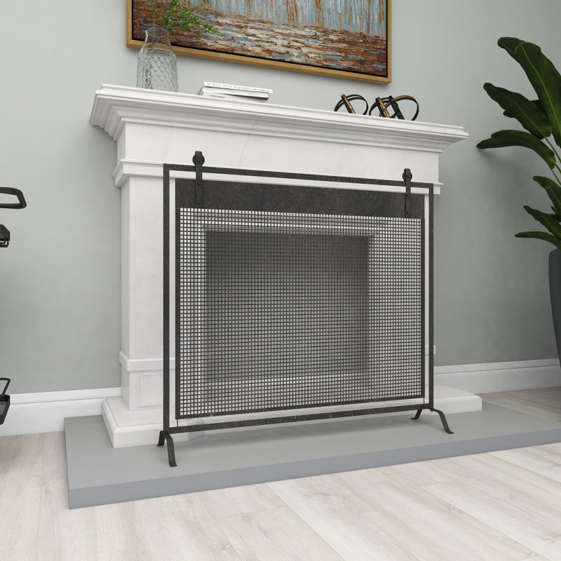 Metal Suspended Grid Single Panel Geometric Fireplace Screen with Bolted Detailing, Black
