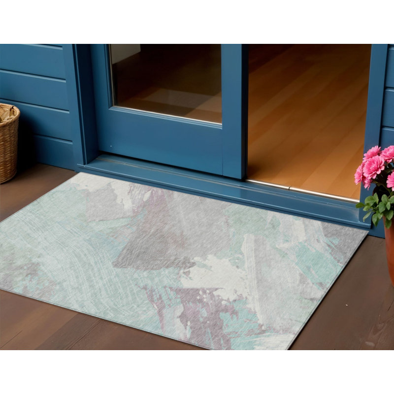 3' X 5' Blue Teal Blue And Gray Abstract Washable Indoor Outdoor Area Rug