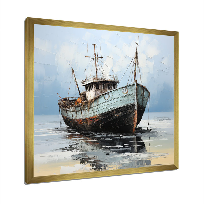 Bateau de pêche bleu et blanc sur toile, H 24 po x l 24 po x P 1 po, Encadrement doré