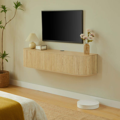 Meuble télé mural flottant avec portes cannelées, console multimédia de grande capacité avec trous de gestion des câbles pour le salon, compatible avec divers styles de maison