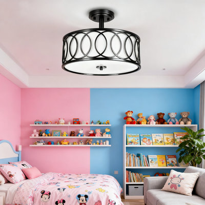 Plafonnier semi-encastré 3 lumières avec abat-jour en tissu, lustre tambour moderne pour le salon, la chambre, la cuisine, le couloir et l'entrée
