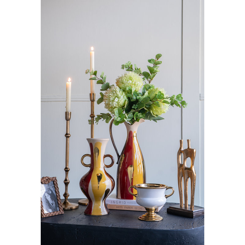 Vase rond en céramique avec finition abstraite multicolore et petites poignées, H 13,8 po x l 6,4 po x P 6,4 po, Jaune/rouge