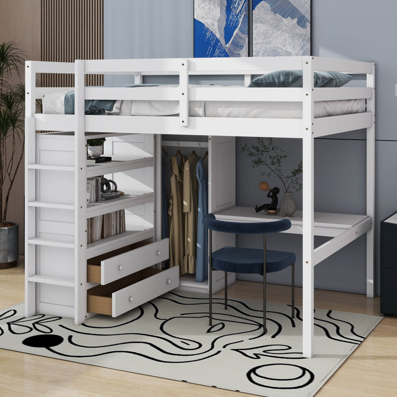 Huegel Full Size Loft Bed With Built-In Wardrobe, Desk And Drawers, White
