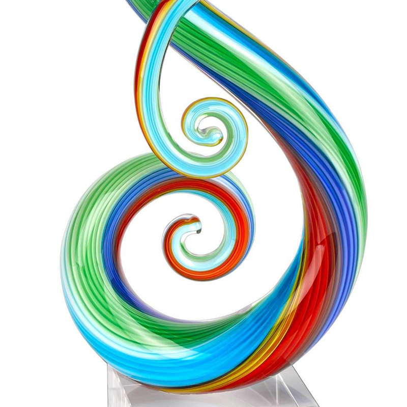 Blue Murano Style Art Glass Note Centerpiece On Crystal Base 12", 12" H x 3" W x 5.5" D, Green/Blue/Red