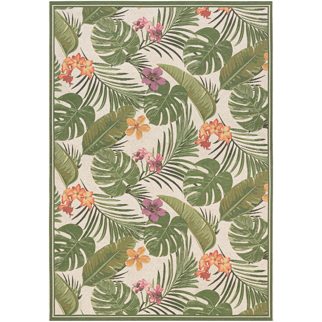 Mayshar Floral Ivory Hunter Green Indoor Outdoor Area Rug Highland Dunes Rug 