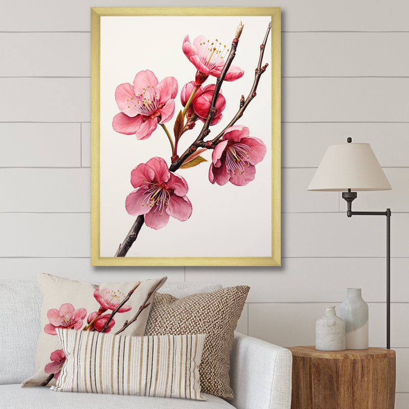 Rose printemps cerises - art mural cerise, Cadre doré simple, H 40 po x l 30 po x P 1,5 po