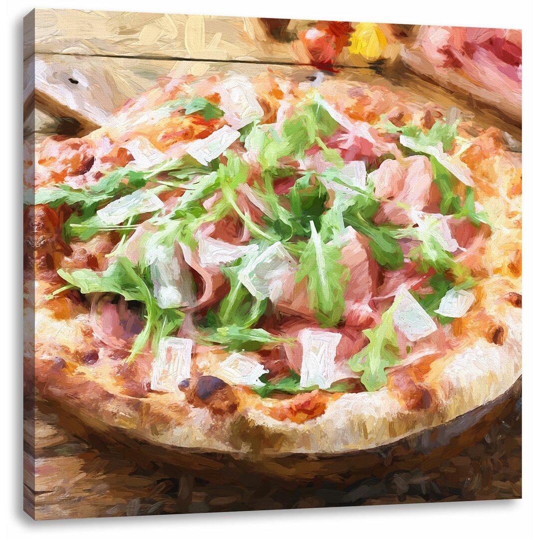 Leinwandbild Prosciutto Pizza mit Rucola und Parmesan auf rustikalem Holztisch