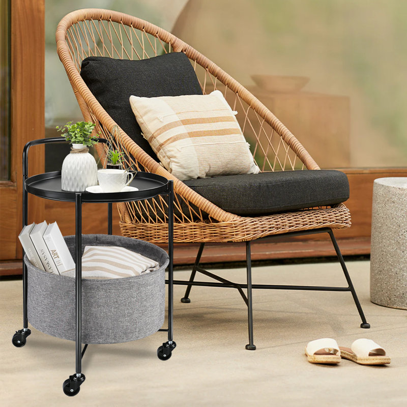 Rolling Round Metal Side Table,2-Tier Storage Side Table With Wheels,End Coffee Table With Steel Frame And Fabric Storage Basket,Cart Side Table Tray For Living Room,Bedroom,WOOD