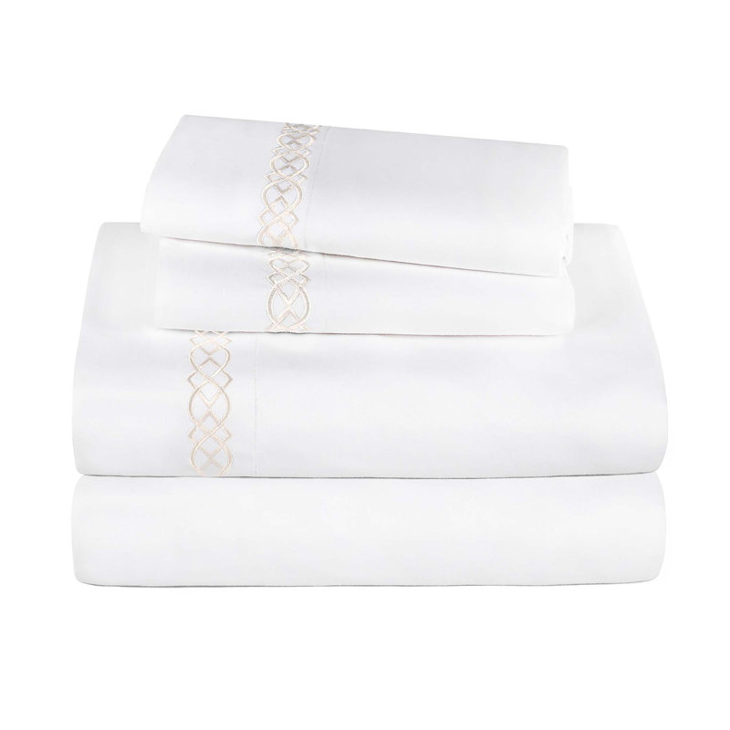 Infinity Scroll Embroidered Certified Egyptian Cotton 1000 Thread Count Bed Sheet Set, White/Ivory