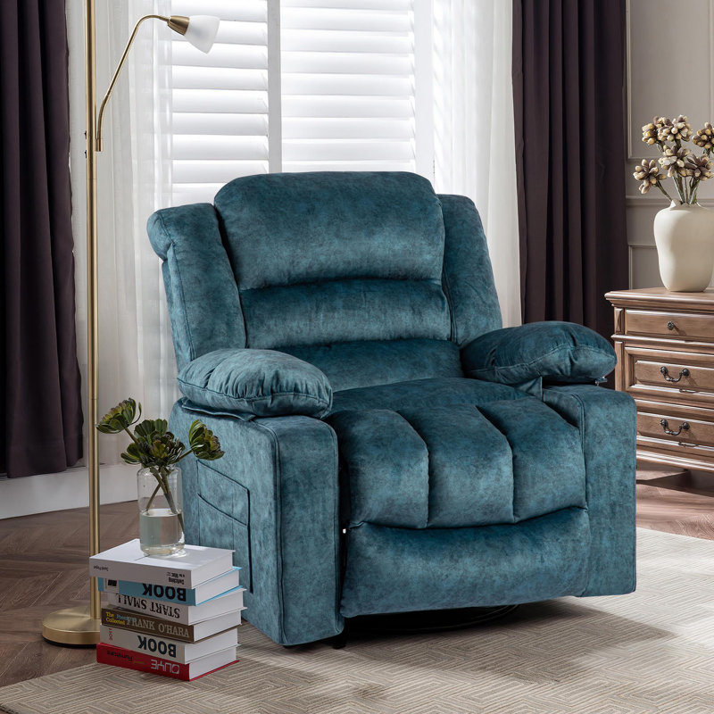 Wide Upholstered Swivel Rocker Recliner Chair, Blue Velvet