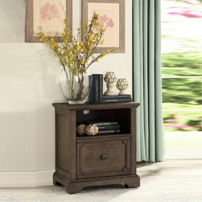 Classeur de bureau avec finition en chêne foncé, glissières de roulement dans le tiroir, rangement et rangement pour documents de style rustique de style transitionnel 1pc avec tablette, découpes de gestion des fils faciles