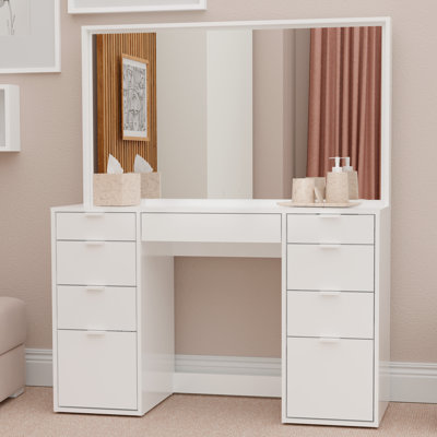 Kahari Modern Vanity Table with Mirror & 9 Drawers, 47.2"W Makeup Desk