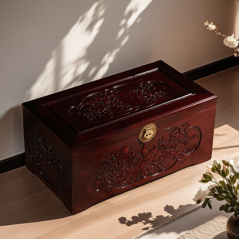 Hand-Carved Solid Wood Small Accent Trunk, Tan