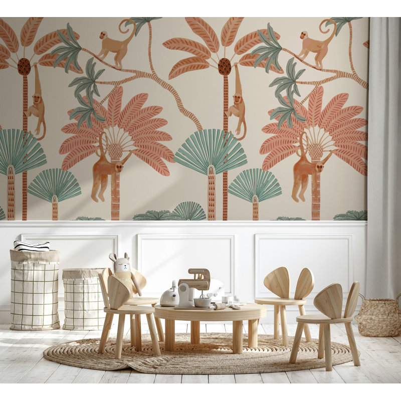 Papier peint vert jungle Playful Monkey Palm, L 115 po x l 225 po