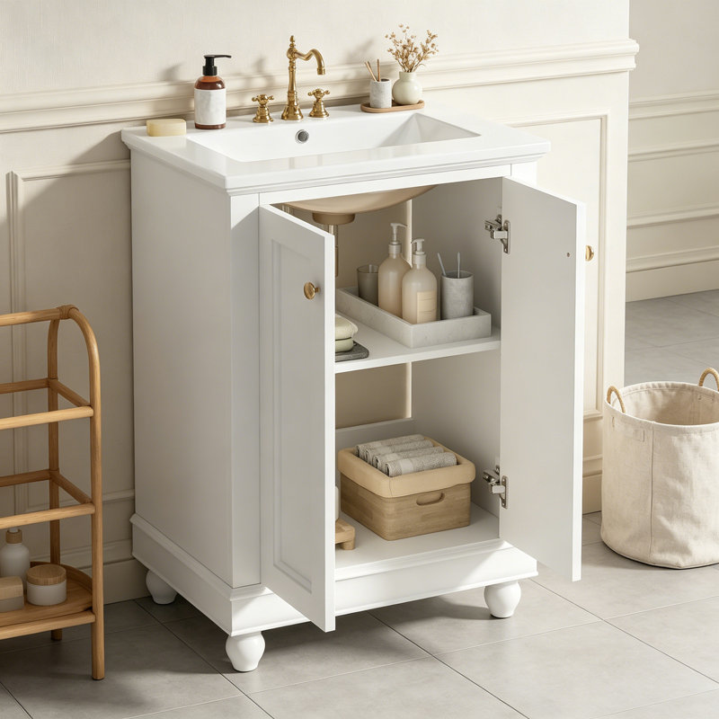 Meuble-lavabo moderne avec rangement à fermeture en douceur et tablette réglable, White
