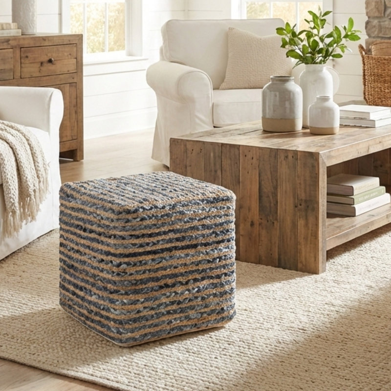 Birzer Modern Farmhouse Handwoven Jute Blend Braided Square Pouf