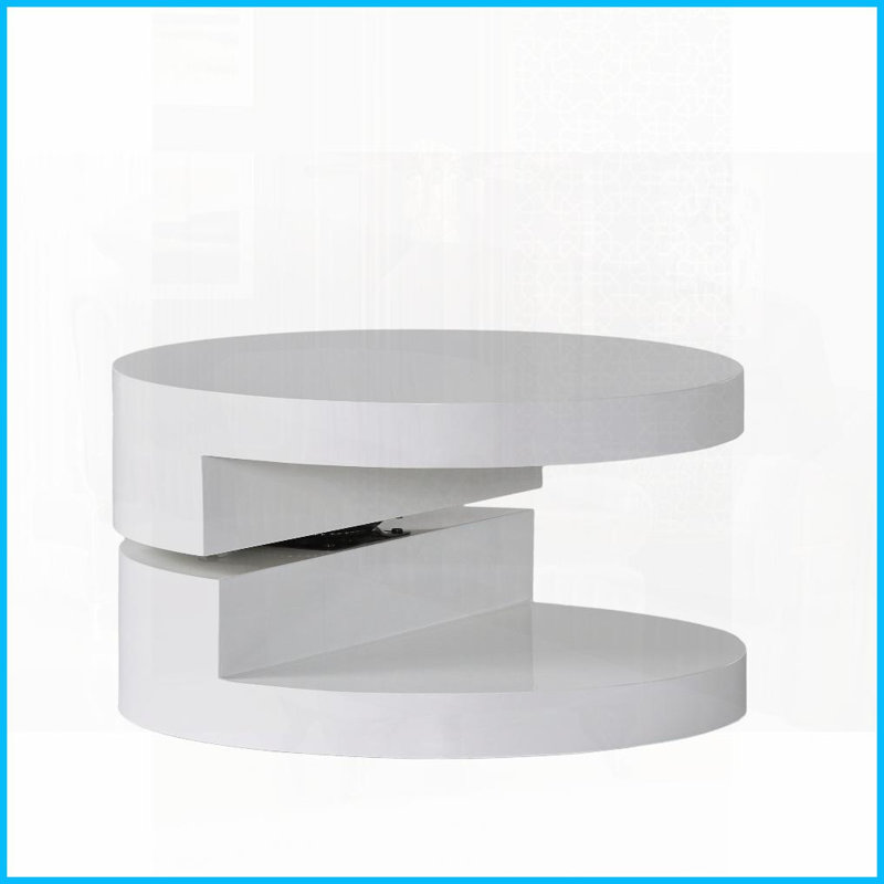 Modern Rotating Small Circular Coffee Table with High Gloss White Finish &amp; Space-Saving Hidden Storage