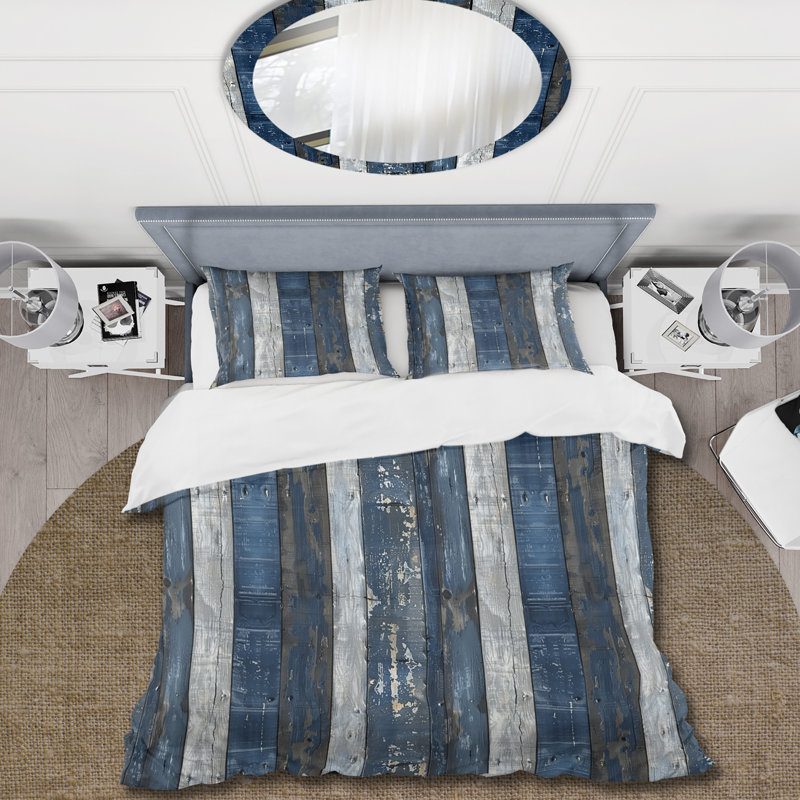Ensemble de housse de couette style campagnard bleu marine et argenté II, Housse de couette très grand + 2 taies décorativ