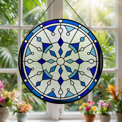 7.8"H Blue Snowflake Stained Glass Window Panel