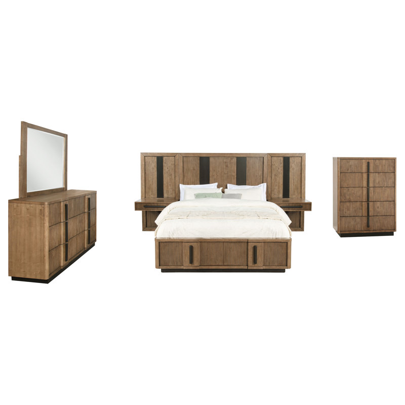 Ensemble de chambre à coucher avec lit de rangement cannelé 6 pièces Reon, Grand lit
