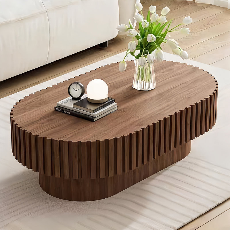 Table basse ovale, table basse cannelée moderne Mid-Century avec piédestal, table basse classique en bois