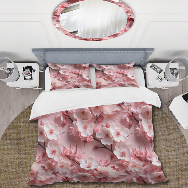 Ensemble de housse de couette japonaise Pink Sakura Blossoms Floral IV, Housse de couette simple + 1 taie décorative stan