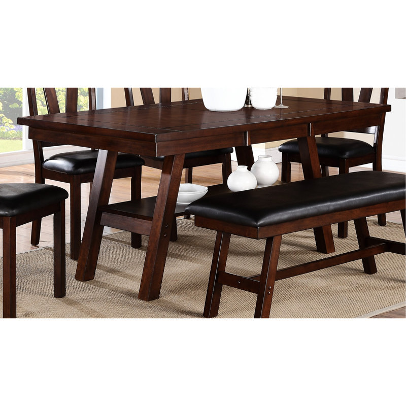 Salle à manger contemporaine de 6 pièces: table rectangulaire, 4 chaises d'appoint, 1 banc, bois d'hévéa noyer foncé, coussins en similicuir, dossier en V, rangement ouvert, placage de bouleau, placage de sièges