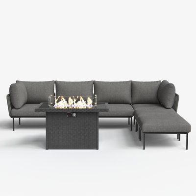 Latitude Run® 7 Pieces Aluminum Patio Furniture Set, Modern Modular Sectional Sofa with Fire Pit Table and Upgrade Thickness Cushion