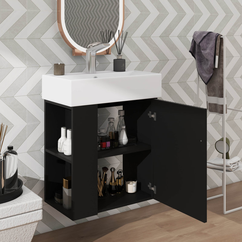 Meuble-lavabo mural 21,6 po avec évier et rangement à gauche, Noir, Doré