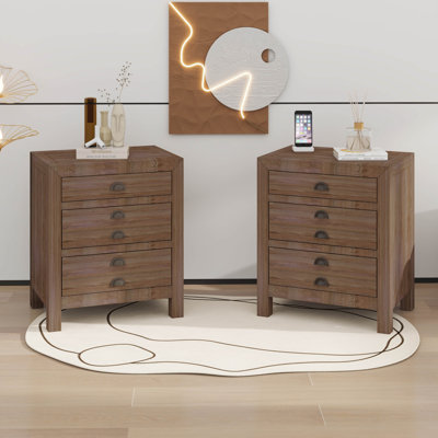 Rustic Farmhouse Style Three-Drawer Solid Pine Wood Nightstand Set Of 2,With Cup Pulls And Integrated Charge Station