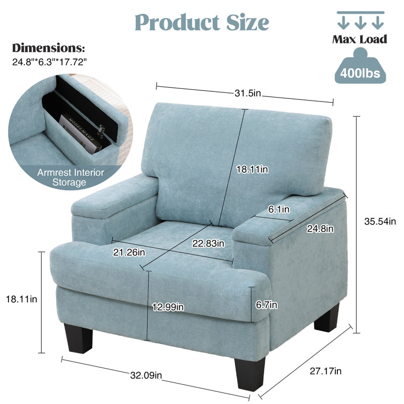 Fauteuil rembourré avec rangement intérieur pour accoudoirs, Vert
