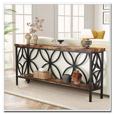 Industrial Console Table with Open Storage Shelves Farmhouse Style