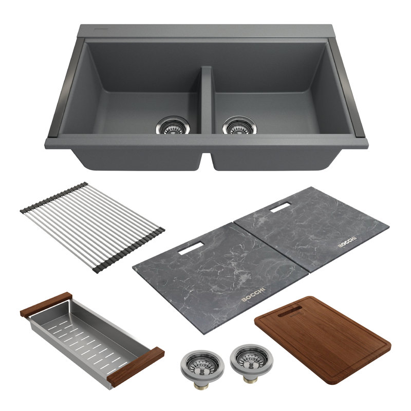 Baveno Lux 33.75'' L Dual-Mount Double Basin Kitchen Sink, Concrete Gray