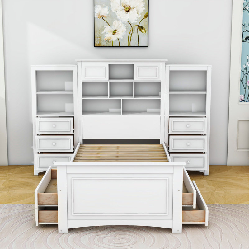 Lit plateforme simple en bois 14 tiroirs avec armoire tout-en-un, Blanc