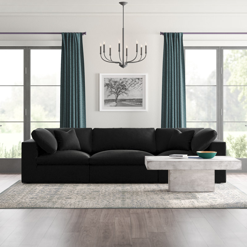 Canapé modulaire à accoudoirs carrés en lin avec coussins réversibles 119 po Burrows, Tissu texturé en lin noir